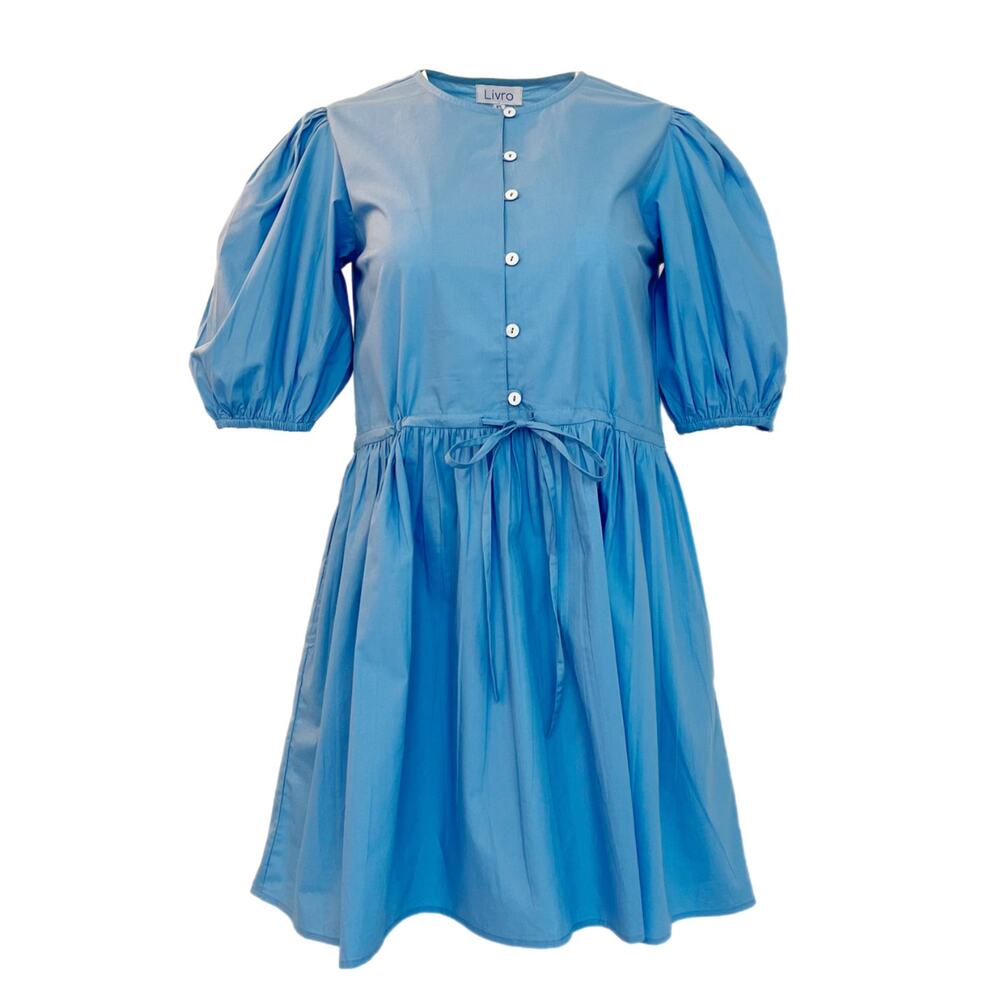 Livro London Blue Button Shirt Mini Dress Puff Sleeves Cotton Poplin Tuckernuck - Picture 2 of 11